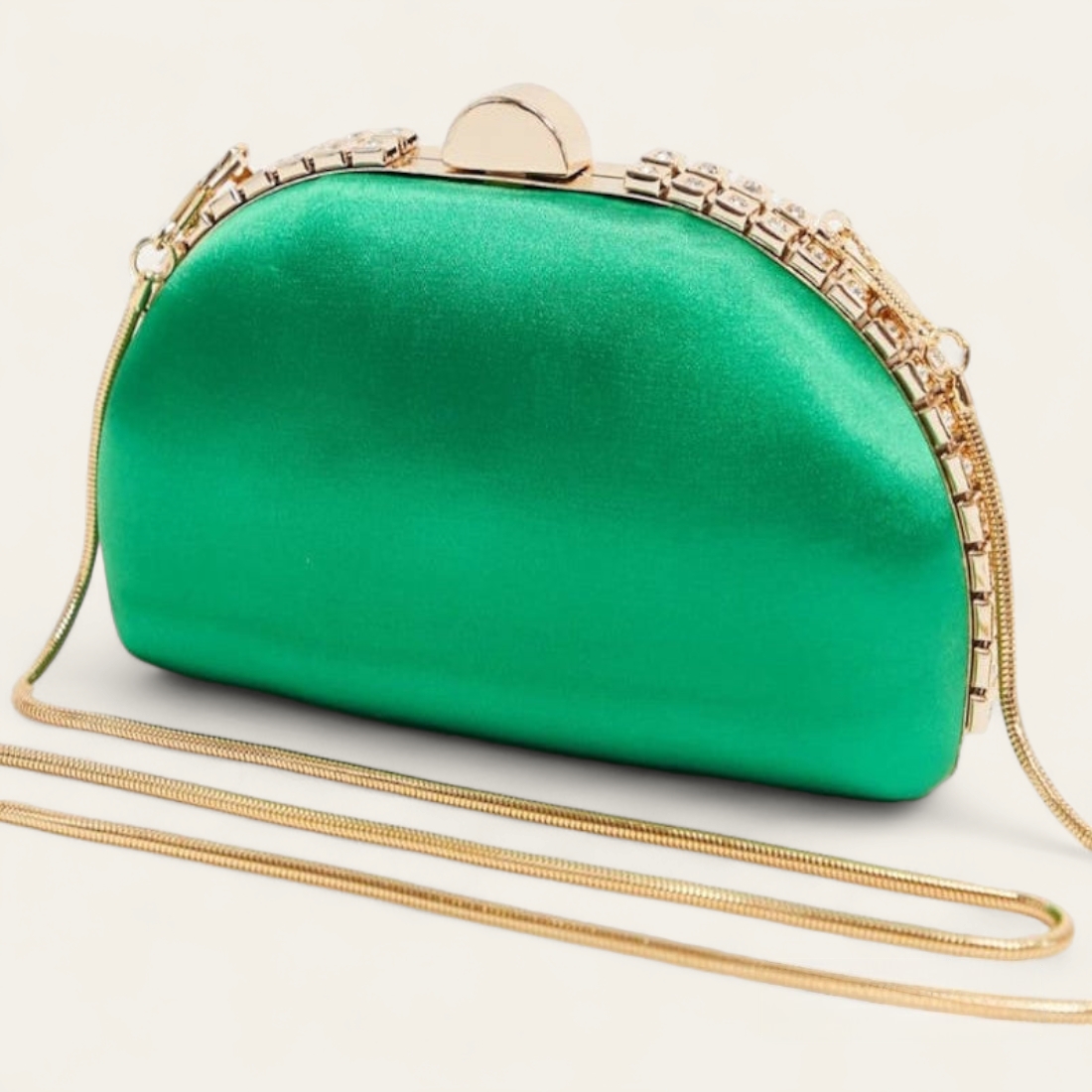 Pochette - Clutch en demi-lune satin ornée de cristaux- Vert